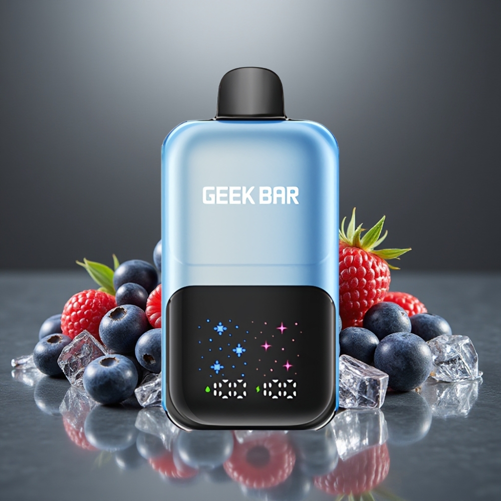 GEEK BAR 2GO 50000 Puff Nagy Képernyős 3 Fokozatú Állítható Íz/Hűtés Kettős Tartály 20mL 5% Nikotinsó Kékáfonya Málna Jég