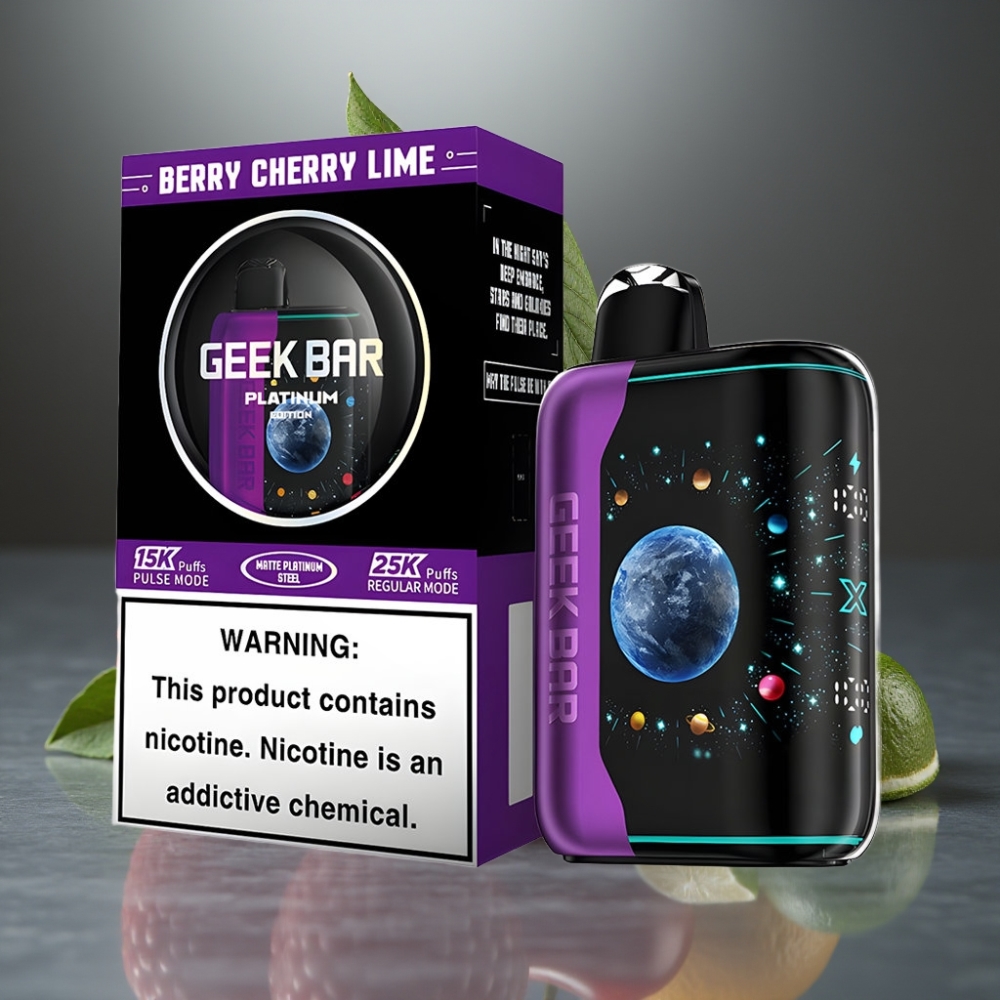 GEEK BAR Platinum Edition 25000 Puff Prémium Matte Platina Acél Borítás Gyors USB-C Töltés Duális Mesh Coil 20mL E-Liquid 2% Nikotin Mézes Cseresznye Lime