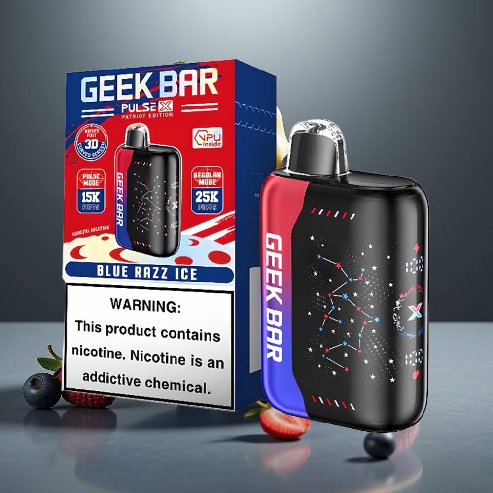GEEK BAR Pulse X 25000 Löket Normál Mód 15000 Löket Pulse Mód 0-5% Nikotin 18mL E-Liquid 3D Kijelző USB-C Dual Mesh Coil Patriot Kiadás