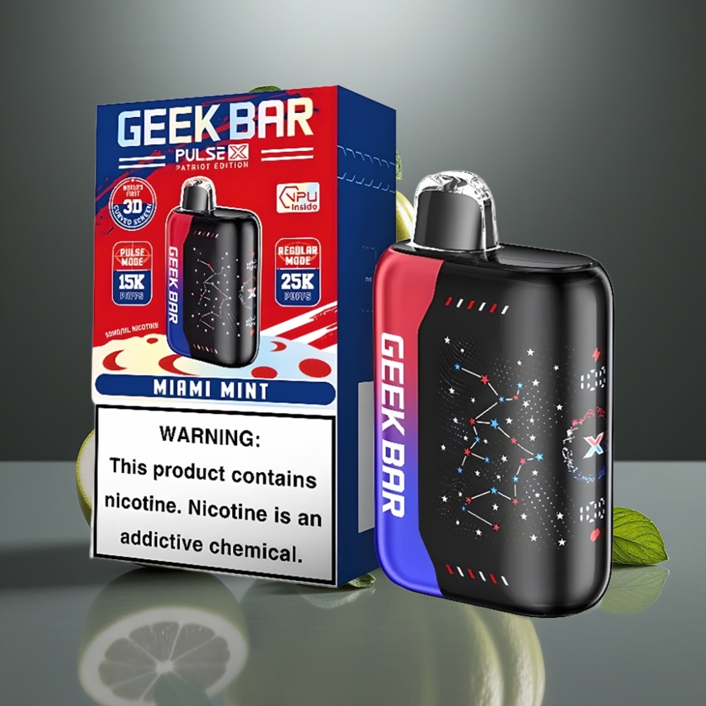 GEEK BAR Pulse X 25000 Löket Normál Mód 15000 Löket Pulse Mód 0-5% Nikotin 18mL E-Liquid 3D Kijelző USB-C Dual Mesh Coil Patriot Kiadás