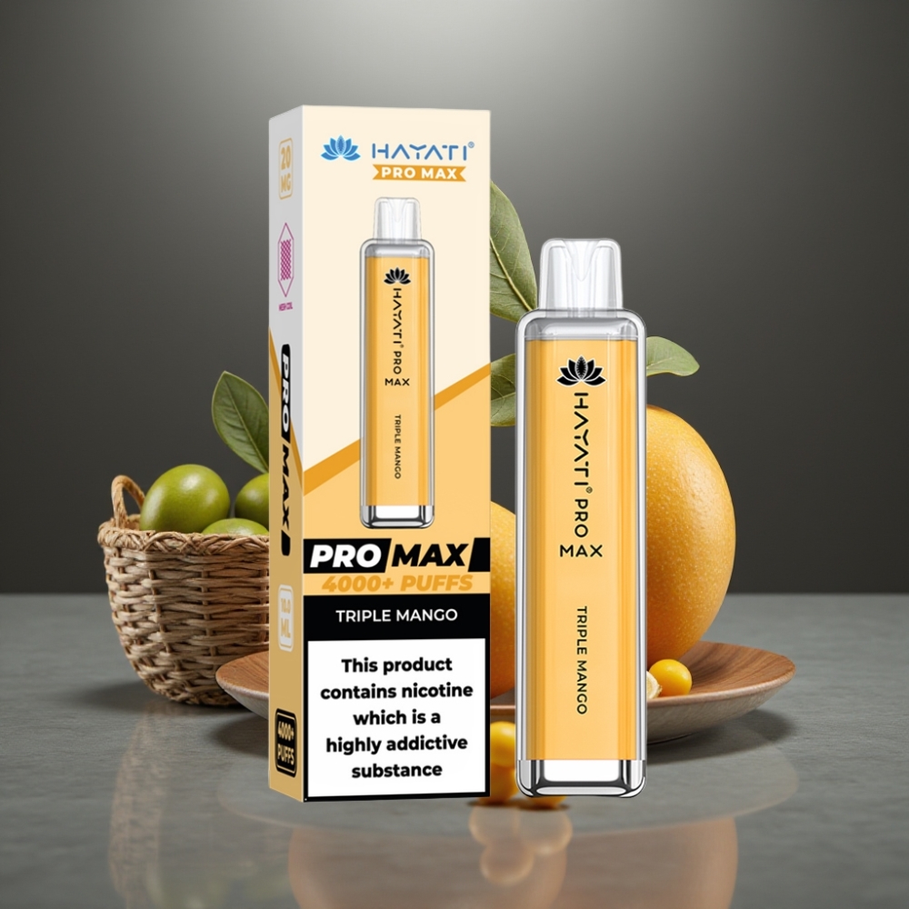 Hayati Pro Max 4000 Puff Eldobható E-Cigi 28×28×120mm, 2%/5% Nikotin, 1400mAh, Dupla 1.1 Ohm Mesh Coil, Hármas Manga Íz