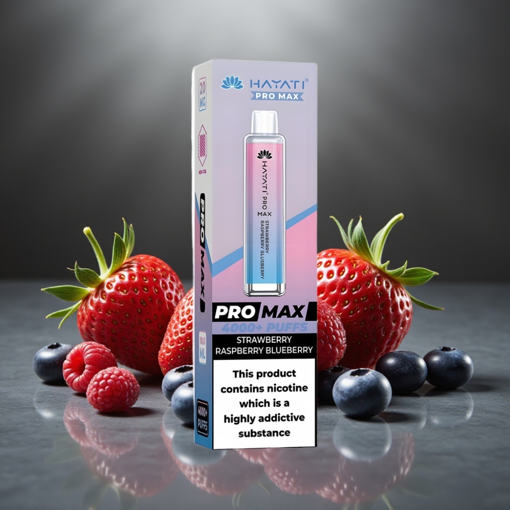 Hayati Pro Max 4000 Puff Eldobható E-Cigi 28×28×120mm 2%/5% Nikotin 1400mAh Eper Málna Áfonya