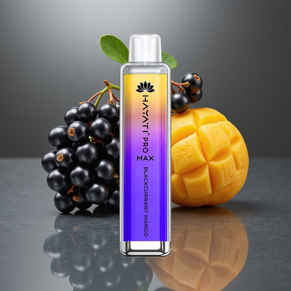 Hayati Pro Max 4000 Puff Eldobható E-Cigi 28×28×120mm 2%/5% Nikotin 1400mAh Újratölthető Feketeribizli-Mangó Íz