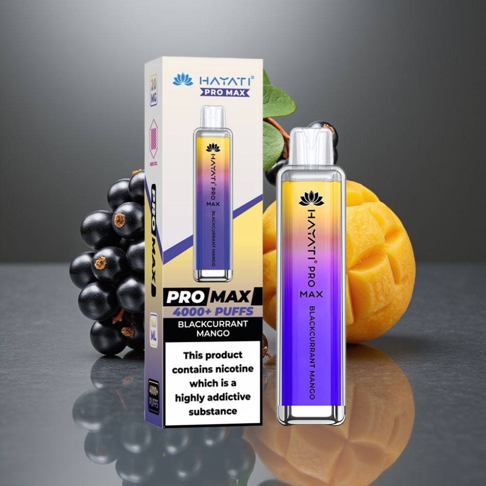 Hayati Pro Max 4000 Puff Eldobható E-Cigi 28×28×120mm 2%/5% Nikotin 1400mAh Újratölthető Feketeribizli-Mangó Íz