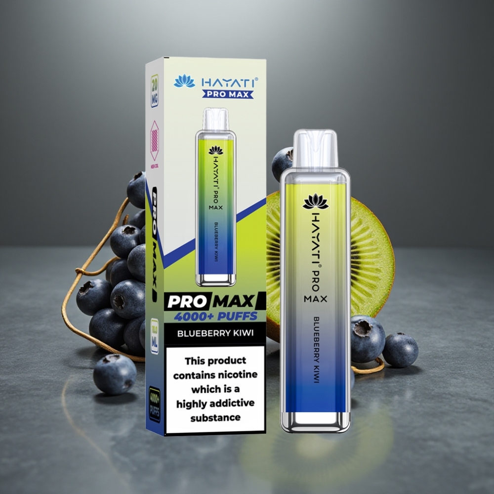 Hayati Pro Max 4000 Puff Eldobható E-Cigi 2%/5% Nikotin, Kettős 1.1 Ohm Mesh Coil, 1400mAh, Áttetsző Kékes Eper-Kivi Íz