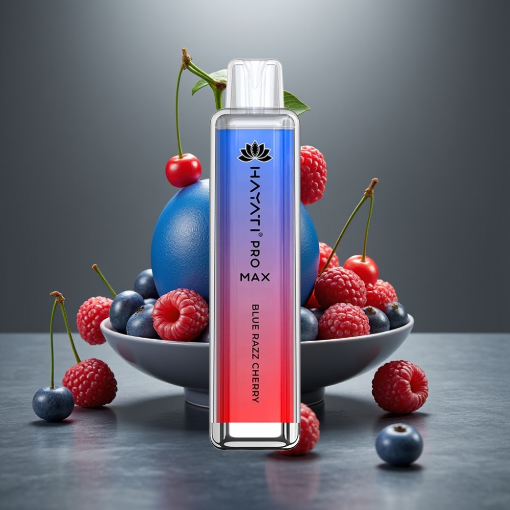 Hayati Pro Max 4000 Puff Eldobható E-Cigi Kék Málna-Cseresznye 28×28×120mm 2%/5% Nikotin 1400mAh Dual 1.1 Ohm Mesh Coil