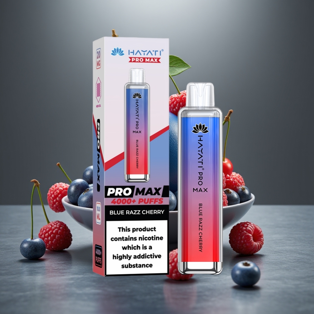 Hayati Pro Max 4000 Puff Eldobható E-Cigi Kék Málna-Cseresznye 28×28×120mm 2%/5% Nikotin 1400mAh Dual 1.1 Ohm Mesh Coil
