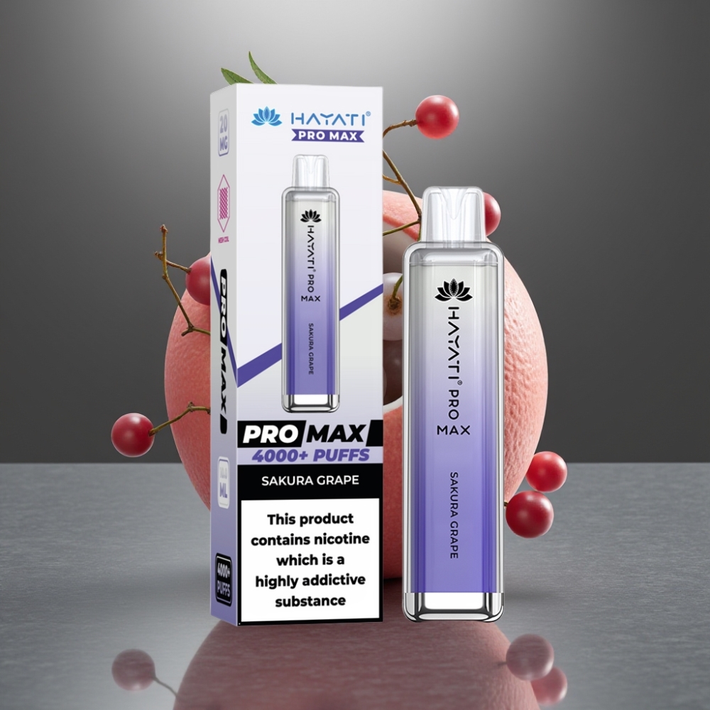 Hayati Pro Max 4000 Puff Eldobható E-cigaretta 28×28×120mm 1400mAh Dual 1.1 Ohm Mesh Coil Cseresznye Szőlő Íz