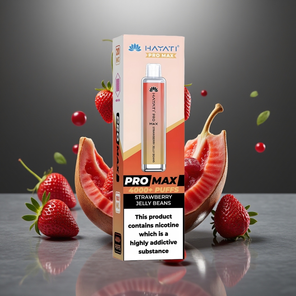 Hayati Pro Max 4000 Puff Eldobható E-cigaretta – 28×28×120mm, 2%/5% Nikotin, 1400mAh, Eper Zselécukor Íz