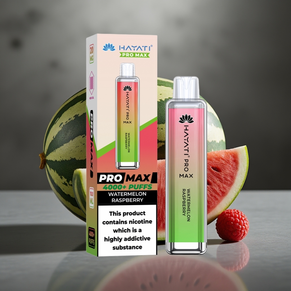 Hayati Pro Max 4000 Puff Eldobható Vape 28×28×120mm 2%,5% Nikotin Dupla 1.1 Ohm Mesh Coil 1400mAh Újratölthető TPD-Compliant Dinnye Málna