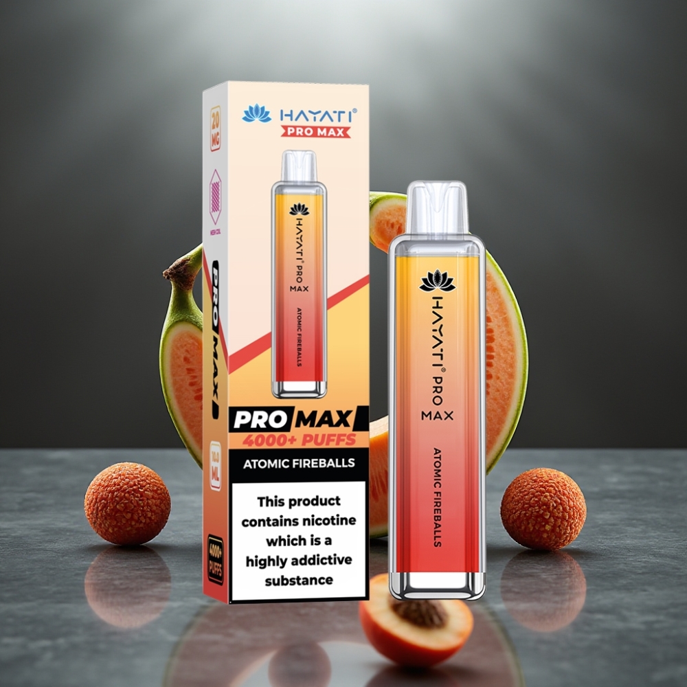 Hayati Pro Max 4000 Puff Eldobható Vape Atom Tűzgolyók, 28×28×120mm, 2%/5% Nikotin, 1.1 Ohm Dual Mesh, 1400mAh, TPD