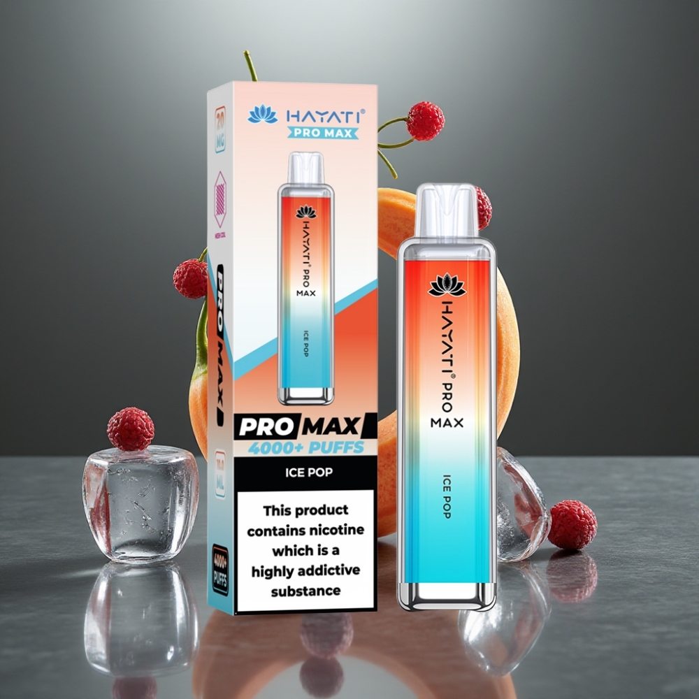 Hayati Pro Max 4000 Puff Eldobható Vape Jégpopsi 28×28×120mm 2%/5% Nikotin 1400mAh Duális 1.1 Ohm Mesh Coil LED Világítás Kristály Megjelenés TPD-Kompatibilis
