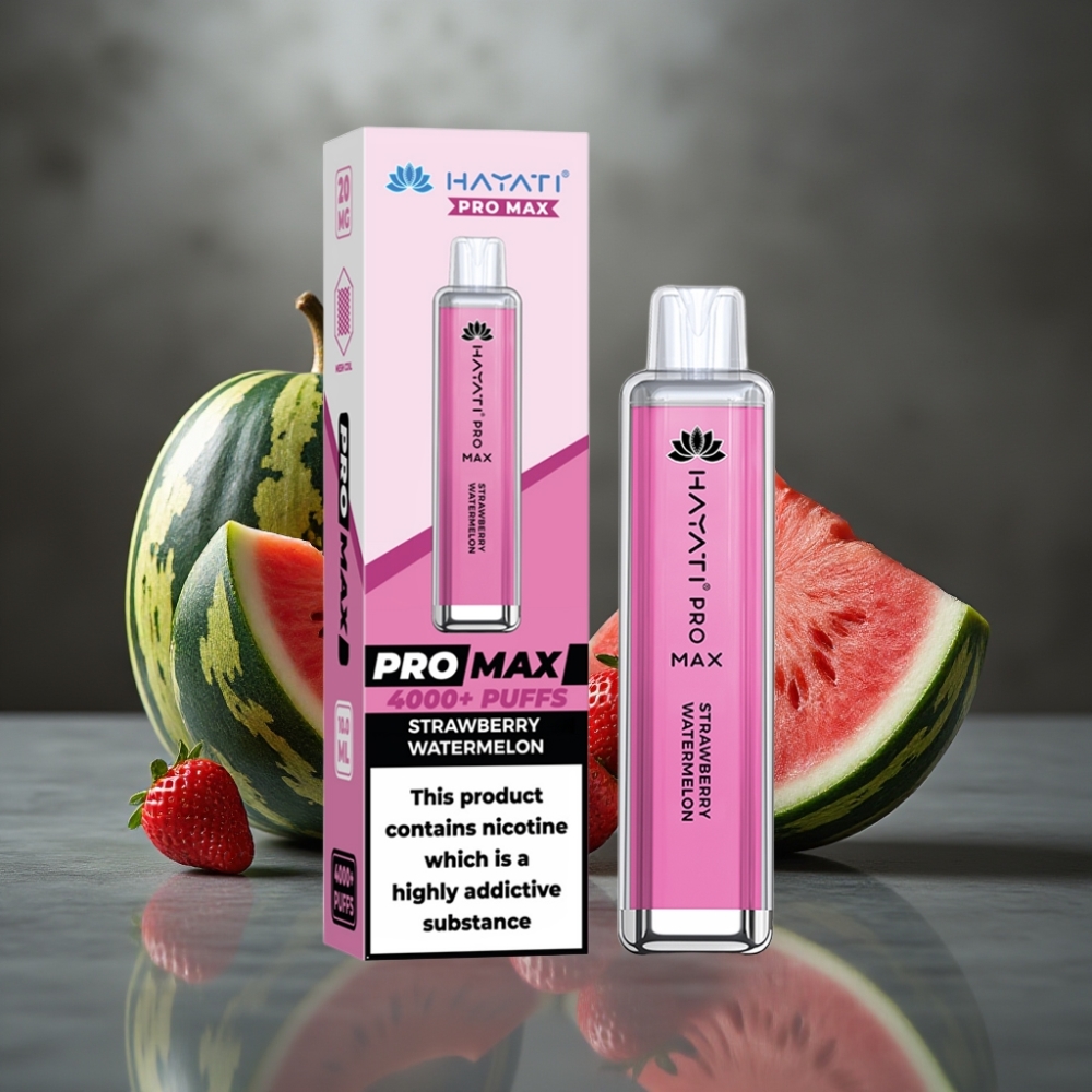Hayati Pro Max 4000 Puff Elszívható E-Cigi 28×28×120mm 2%/5% Nikotin 1400mAh Eper Dinnye Íz