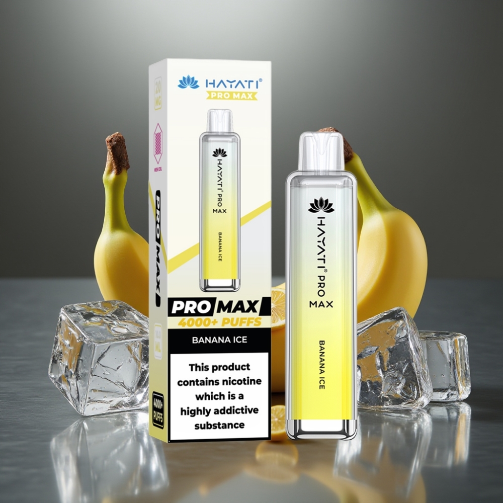 Hayati Pro Max 4000 Puff Elszívható Vape – 28×28×120mm, 2%/5% Nikotin, 1400mAh, Duális 1.1 Ohm Mesh Coil, Banán Jég Íz